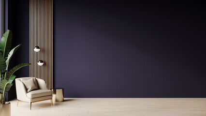 Blue living room - modern interior and furniture design. Mockup for art - empty painted navy dark indigo wall. Ivory beige chair and blank colorful cyan background. Luxury premium lounge. 3d render © Viktoriia Lytvyn