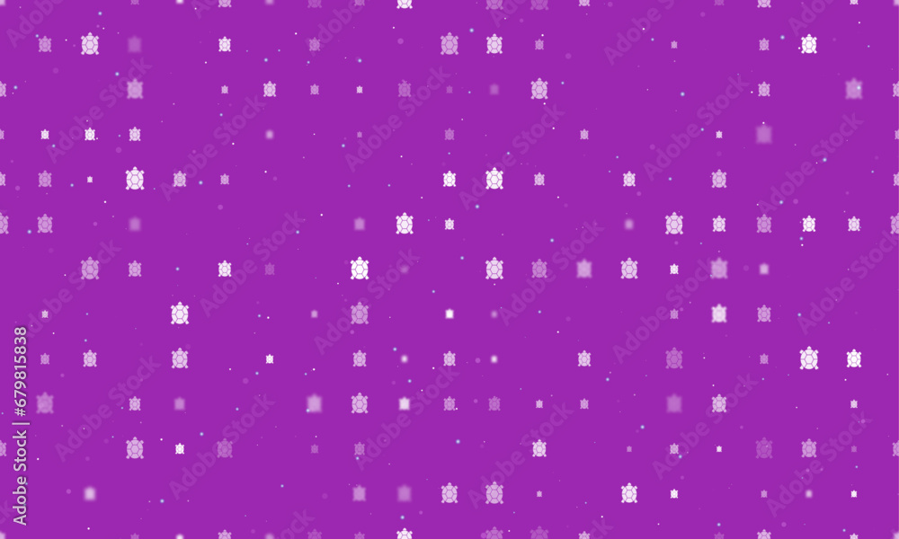 Poster seamless background pattern of evenly spaced white turtle symbols of different sizes and opacity. ve