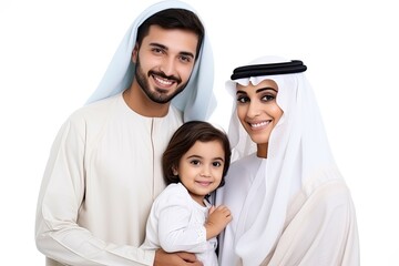 Obraz premium A Muslim family portrait: parents and children together, radiating love and togetherness isolated on white background.