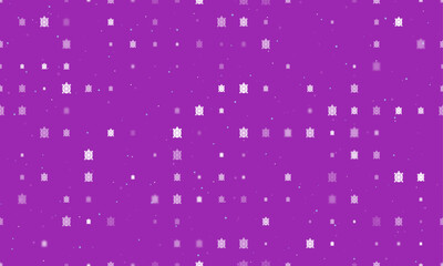 Seamless background pattern of evenly spaced white turtle symbols of different sizes and opacity. Vector illustration on purple background with stars