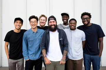 A diverse and stylish group portrait: young adults showcasing friendship, confidence, and happiness in a studio setting.
