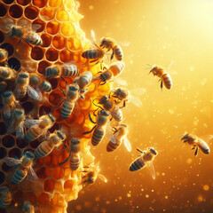 Vibrant swarm of bees busily working on a honeycomb, set against a warm, orange bokeh background with copy space.