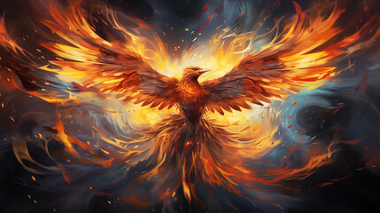 The fiery phoenix bird is reborn from the ashes. symbol of new life. fairytale concept