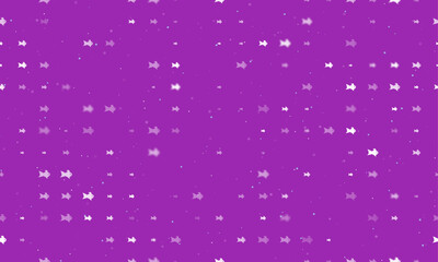 Seamless background pattern of evenly spaced white gold fish symbols of different sizes and opacity. Vector illustration on purple background with stars