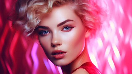 Fashion portrait of beautiful young woman with bright make-up and hairstyle