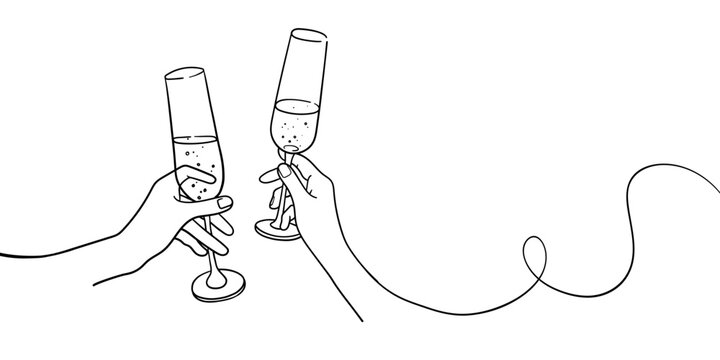 recommend clip art: Continuous line champagne cheers one line art, continuous drawing contour on blue background. Wine glasses with drinks. Cheers toast festive decoration for holidays. Vector illustration