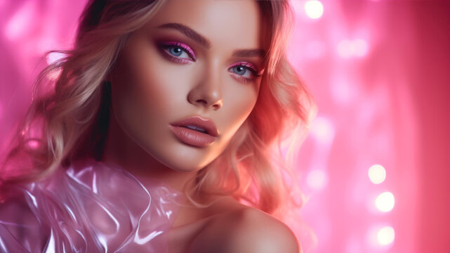 Portrait of beautiful young woman with pink makeup and shiny hairstyle