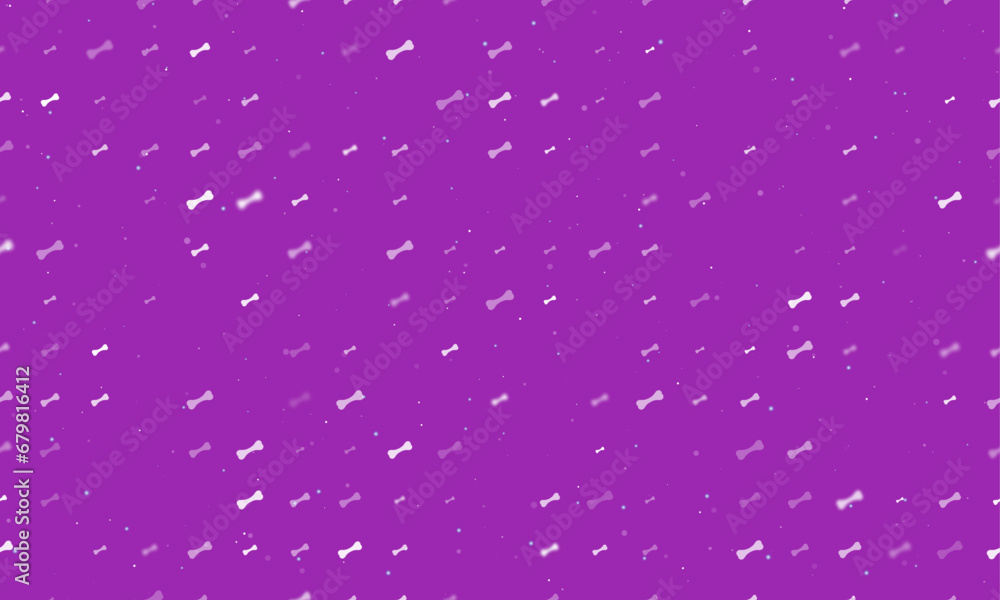 Poster seamless background pattern of evenly spaced white dog bone symbols of different sizes and opacity. 