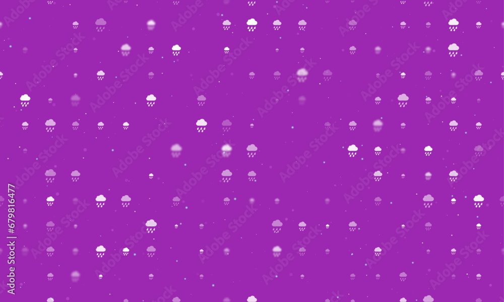 Poster seamless background pattern of evenly spaced white rain symbols of different sizes and opacity. vect