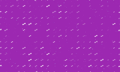 Seamless background pattern of evenly spaced white dog bone symbols of different sizes and opacity. Vector illustration on purple background with stars