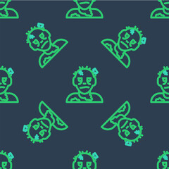 Line Zombie mask icon isolated seamless pattern on blue background. Happy Halloween party. Vector