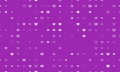 Seamless background pattern of evenly spaced white broken heart symbols of different sizes and opacity. Vector illustration on purple background with stars