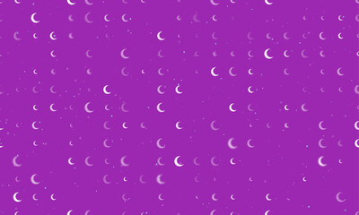 Seamless background pattern of evenly spaced white moon symbols of different sizes and opacity. Vector illustration on purple background with stars