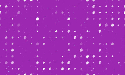 Seamless background pattern of evenly spaced white water drop symbols of different sizes and opacity. Vector illustration on purple background with stars