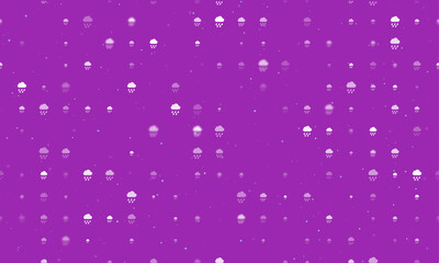 Seamless background pattern of evenly spaced white rain symbols of different sizes and opacity. Vector illustration on purple background with stars