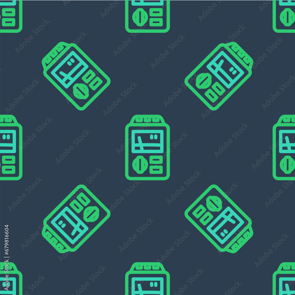 Poster line dosimeter for measuring radiation icon isolated seamless pattern on blue background. gamma radi
