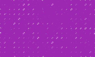 Seamless background pattern of evenly spaced white zodiac sagittarius symbols of different sizes and opacity. Vector illustration on purple background with stars