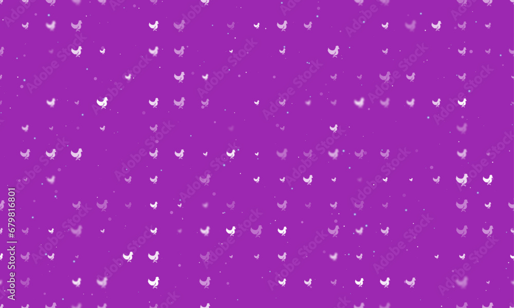 Poster seamless background pattern of evenly spaced white chicken symbols of different sizes and opacity. v