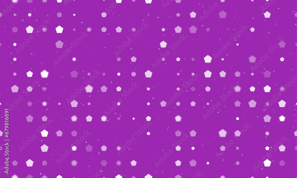 Poster seamless background pattern of evenly spaced white pentagon symbols of different sizes and opacity. 