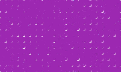 Seamless background pattern of evenly spaced white goose symbols of different sizes and opacity. Vector illustration on purple background with stars
