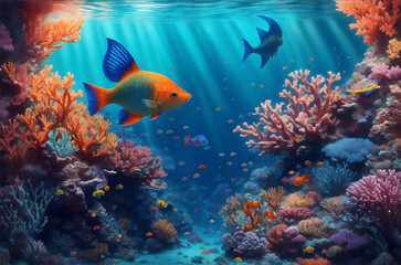 Fototapeta na wymiar Colorful tropical coral reef and fish in the ocean, sea. Underwater seascape, marine wildlife, places for diving and snorkeling.