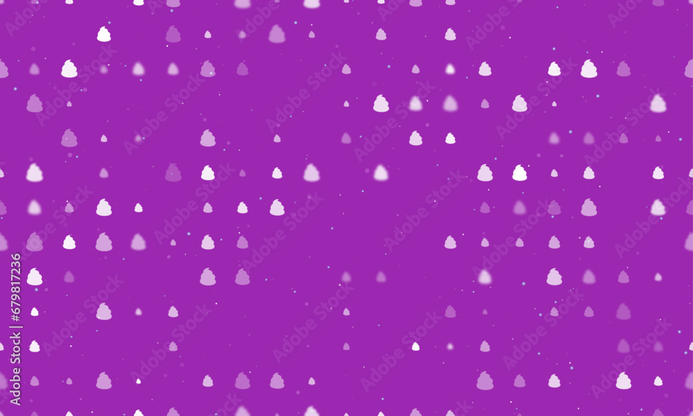 Poster seamless background pattern of evenly spaced white poop symbols of different sizes and opacity. vect
