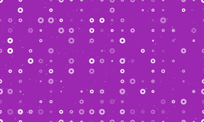 Seamless background pattern of evenly spaced white record media symbols of different sizes and opacity. Vector illustration on purple background with stars