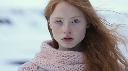 young norwegian / iclandic woman wearing a pink sweater in a winter setting  - obrazy, fototapety, plakaty