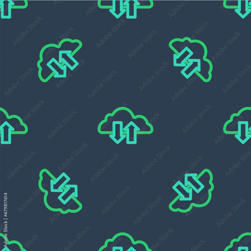 Poster line cloud download and upload icon isolated seamless pattern on blue background. vector