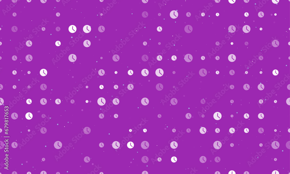 Poster seamless background pattern of evenly spaced white time symbols of different sizes and opacity. vect