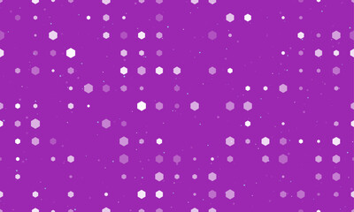 Seamless background pattern of evenly spaced white hexagon symbols of different sizes and opacity. Vector illustration on purple background with stars