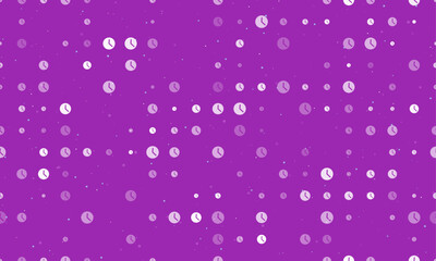Seamless background pattern of evenly spaced white time symbols of different sizes and opacity. Vector illustration on purple background with stars
