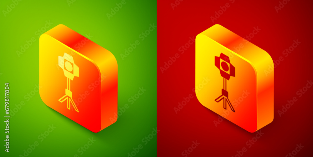 Poster isometric studio light bulb in softbox icon isolated on green and red background. shadow reflection 
