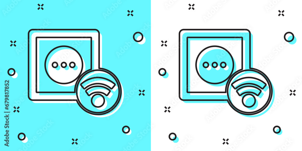 Poster black line smart electrical outlet system icon isolated on green and white background. power socket.