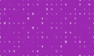 Seamless background pattern of evenly spaced white number nine symbols of different sizes and opacity. Vector illustration on purple background with stars
