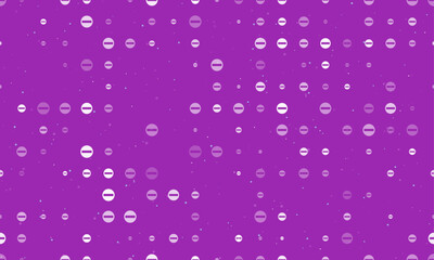 Seamless background pattern of evenly spaced white no entry road signs of different sizes and opacity. Vector illustration on purple background with stars