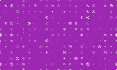 Seamless background pattern of evenly spaced white no right turn signs of different sizes and opacity. Vector illustration on purple background with stars