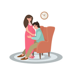 Flat illustration about pregnancy and childbirth. Young pregnant woman with her husband. A man kisses and hugs his wife. Healthy happy pregnancy.