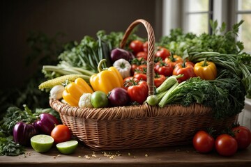 A Bounty of Fresh and Colorful Vegetables Overflowing from a Rustic Woven Basket