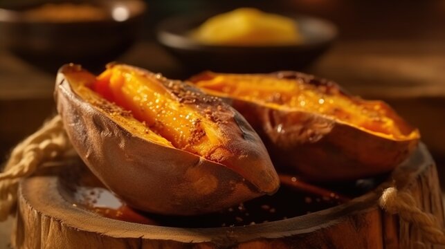 Slices of baked sweet potato on wooden board, closeup