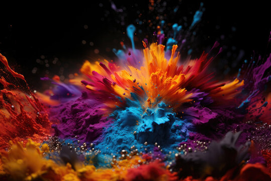 Colored powder explosion. Paint holi, Colorful rainbow hole paint splash on black background © Sunshine