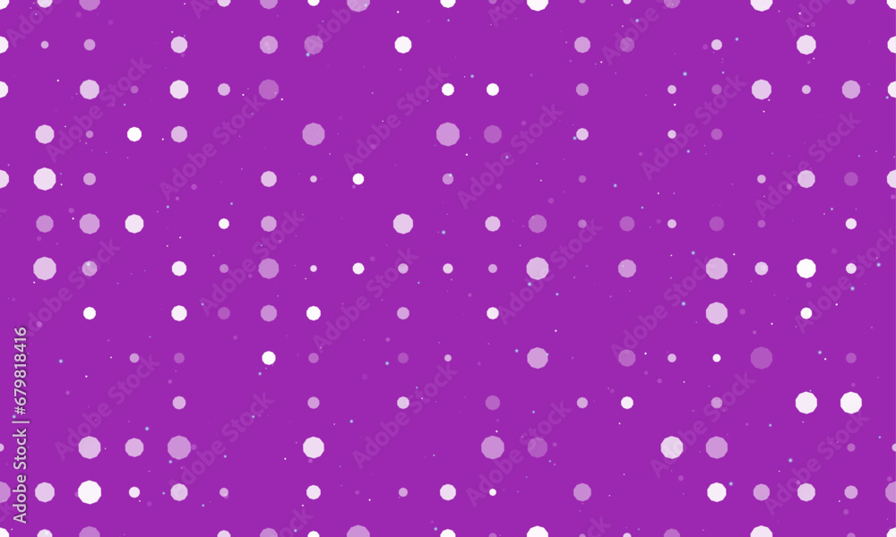 Poster seamless background pattern of evenly spaced white decagon symbols of different sizes and opacity. v