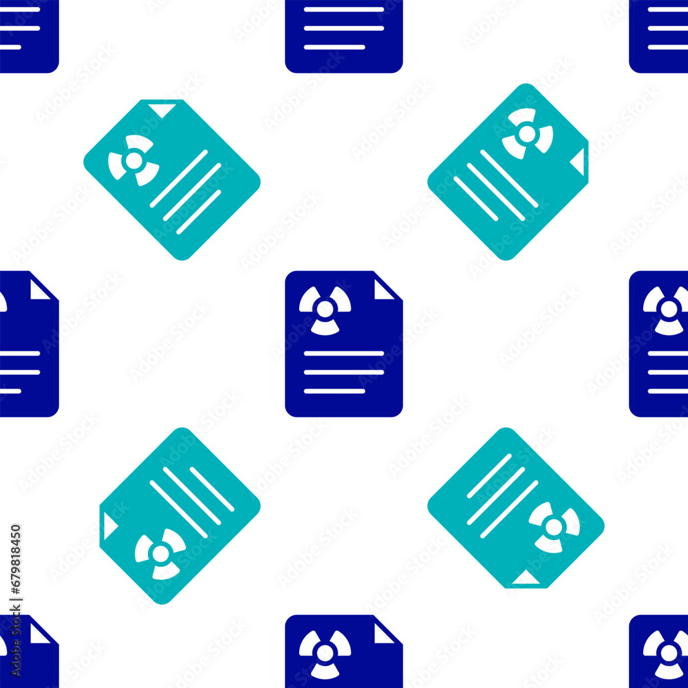 Poster blue radiation warning document icon isolated seamless pattern on white background. text file. vecto