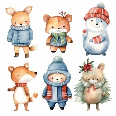 set different cartoon winter cute animals character of watercolors on white background