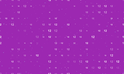 Seamless background pattern of evenly spaced white twelve numbers of different sizes and opacity. Vector illustration on purple background with stars