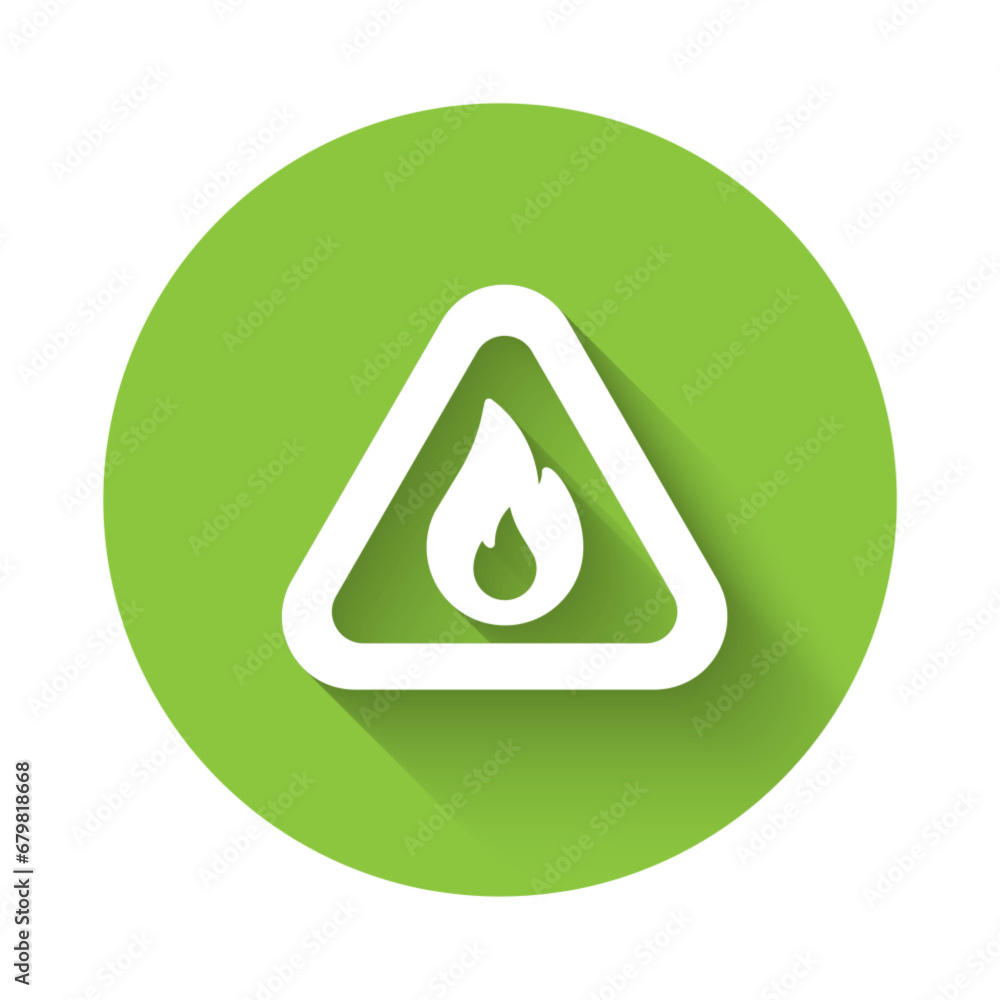 Poster white fire flame in triangle icon isolated with long shadow background. warning sign of flammable pr