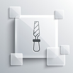 Grey Rasp metal file icon isolated on grey background. Rasp for working with wood and metal. Tool for workbench, workshop. Square glass panels. Vector