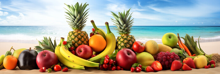 Tropical Delight: Fruits and Vegetables on a Beach, Embracing Healthy Eating and Vegan Lifestyle