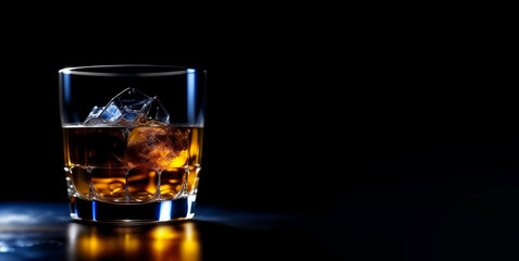 alcoholic drink with ice in a glass, whiskey, cognac, vodka. artificial intelligence generator, AI, neural network image. black background for the design.