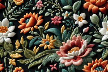 Fototapeta premium Realistic embroidery colorful flowers wallpaper design. Generative ai